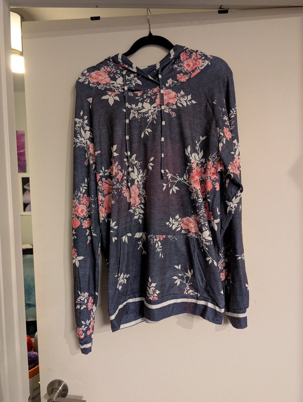 Men's Navy Floral Hooded Long-Sleeve Shirt with Pink Accents